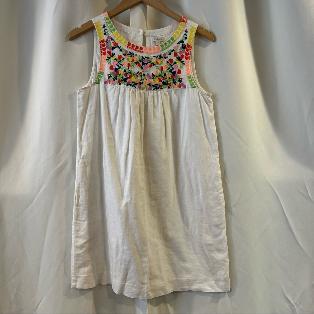 J.Crew Dress Womens Size 0 White Linen Blend Floral Embroidered Boho Coastal